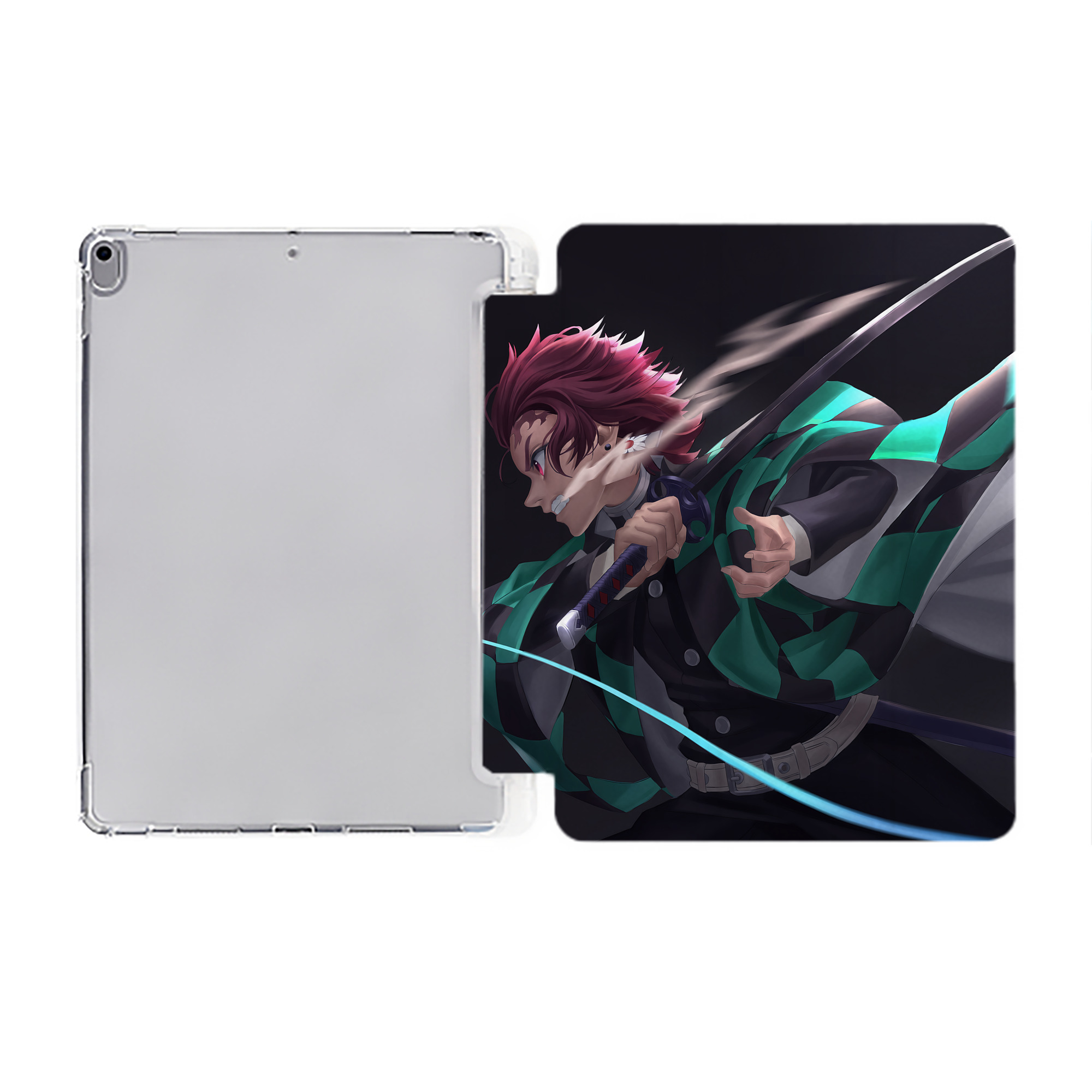 （画像用） 鬼滅の刃（きめつのやいば）竈門 炭治郎／かまど たんじろう Kamado Tanjirou IPad ケース ペン収納付き 三つ折りスタンド PUレザー×シリコン 対応機種9.5/10.5/10.9インチ